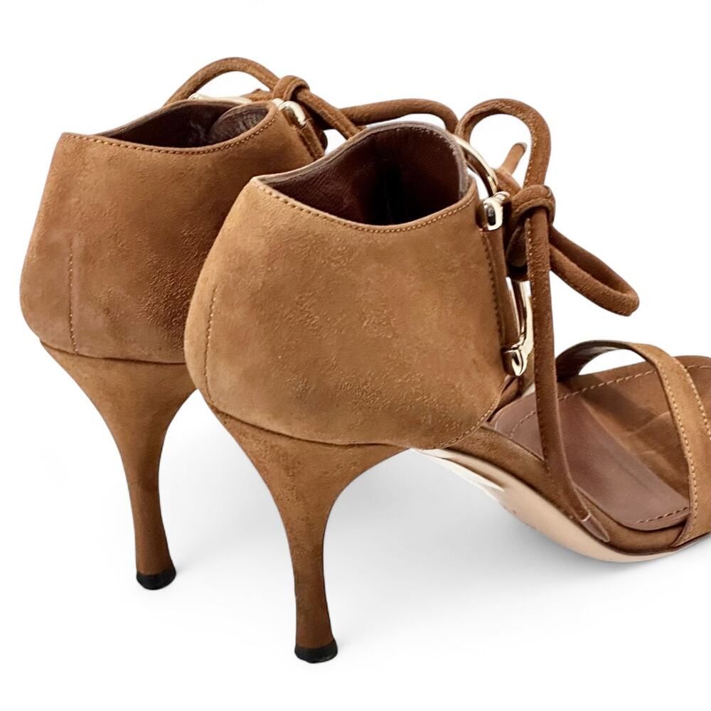 Gucci Vintage Y2K Horsebit Suede Sandals Lace Up Stiletto Heels Cognac Brown 7.5 - Picture 10 of 13